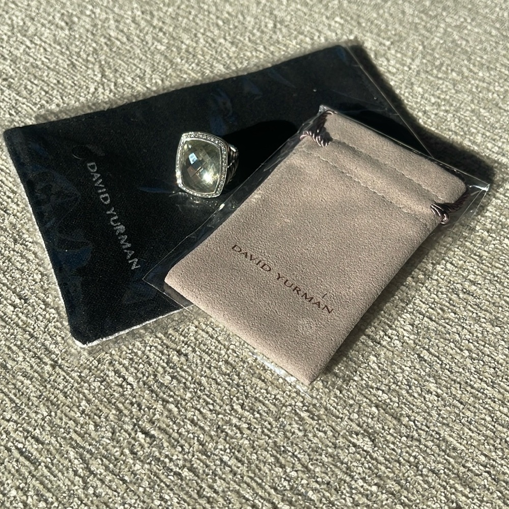 David Yurman, Albion Ring, sterling silver Prasiolite stone w/diamonds, size 6.5